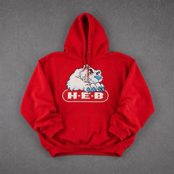 Gildan Other - Gildan Hoodie Mens XL Red H-E-B Polar Bear Graphic Fleece Pullover Sweatshirt